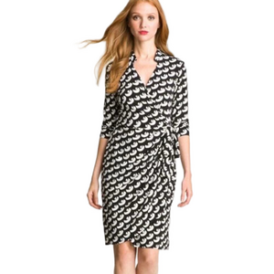 Maggy London Classic Black White Geometric Lightweight Knit Wrap Dress Womens 14